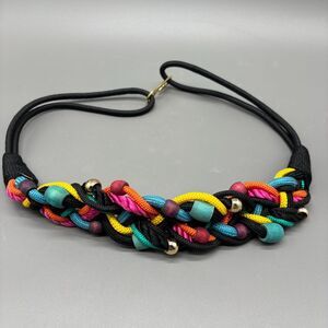 Vintage Boho Woven Cord Belt Multicolor Rope Braid Wood Beads Gold Hook 80s-90s